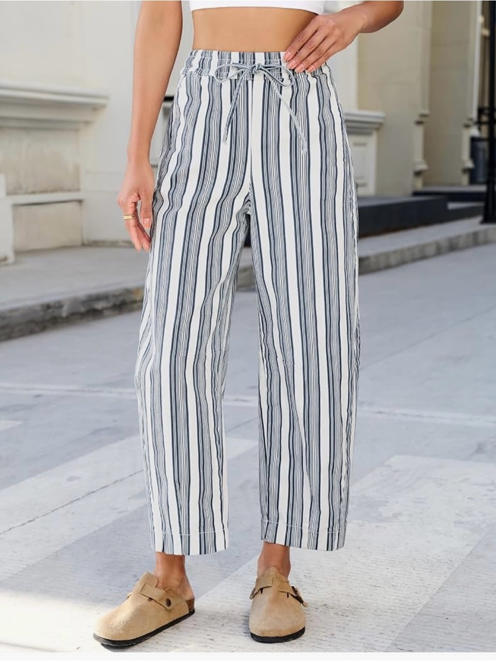 Luvamia High-Rise Wide Leg Barrel Pants-Navy & White Stripes - Picture 4 of 14